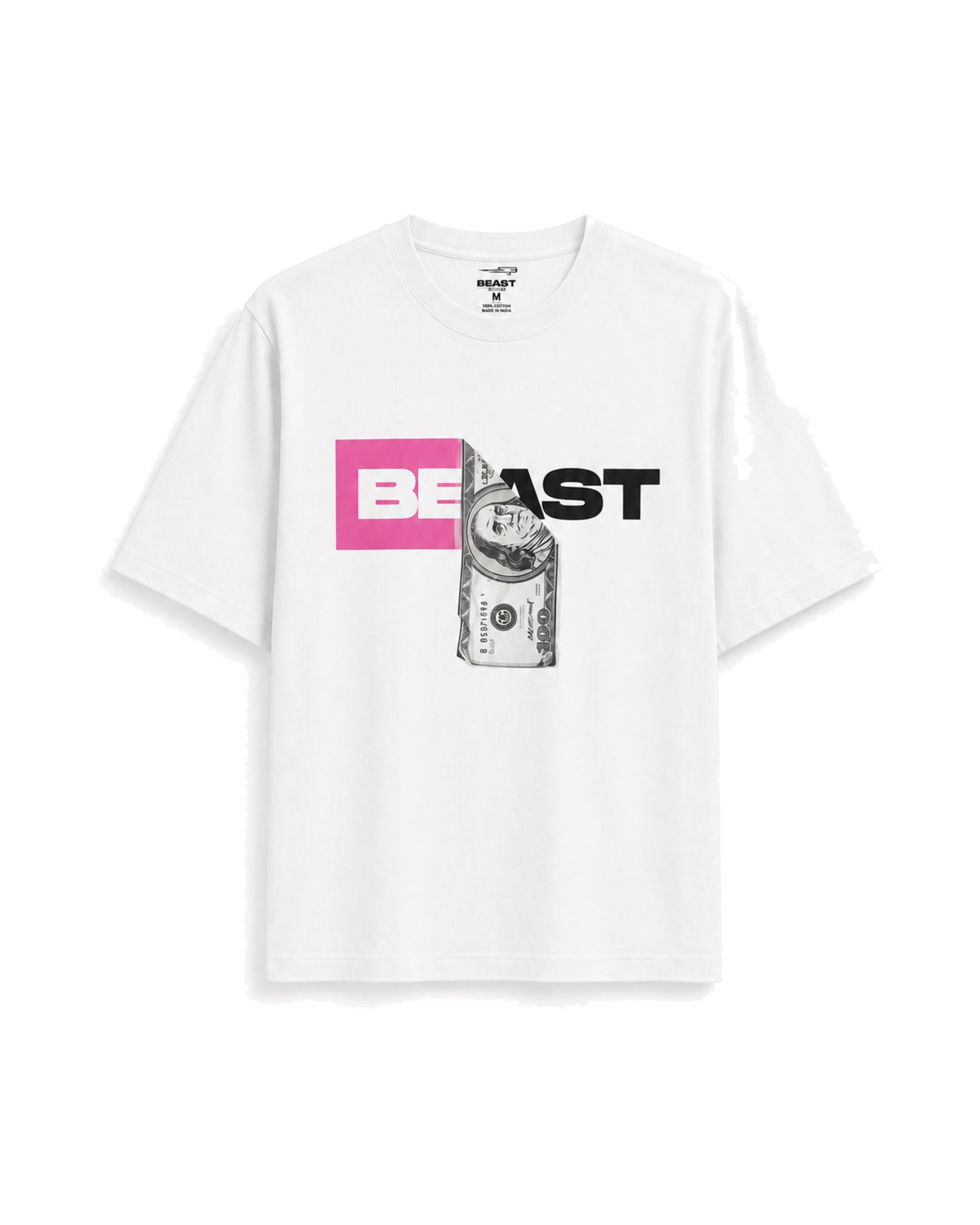 Official MrBeast Money T-shirt in white, flat lay, front