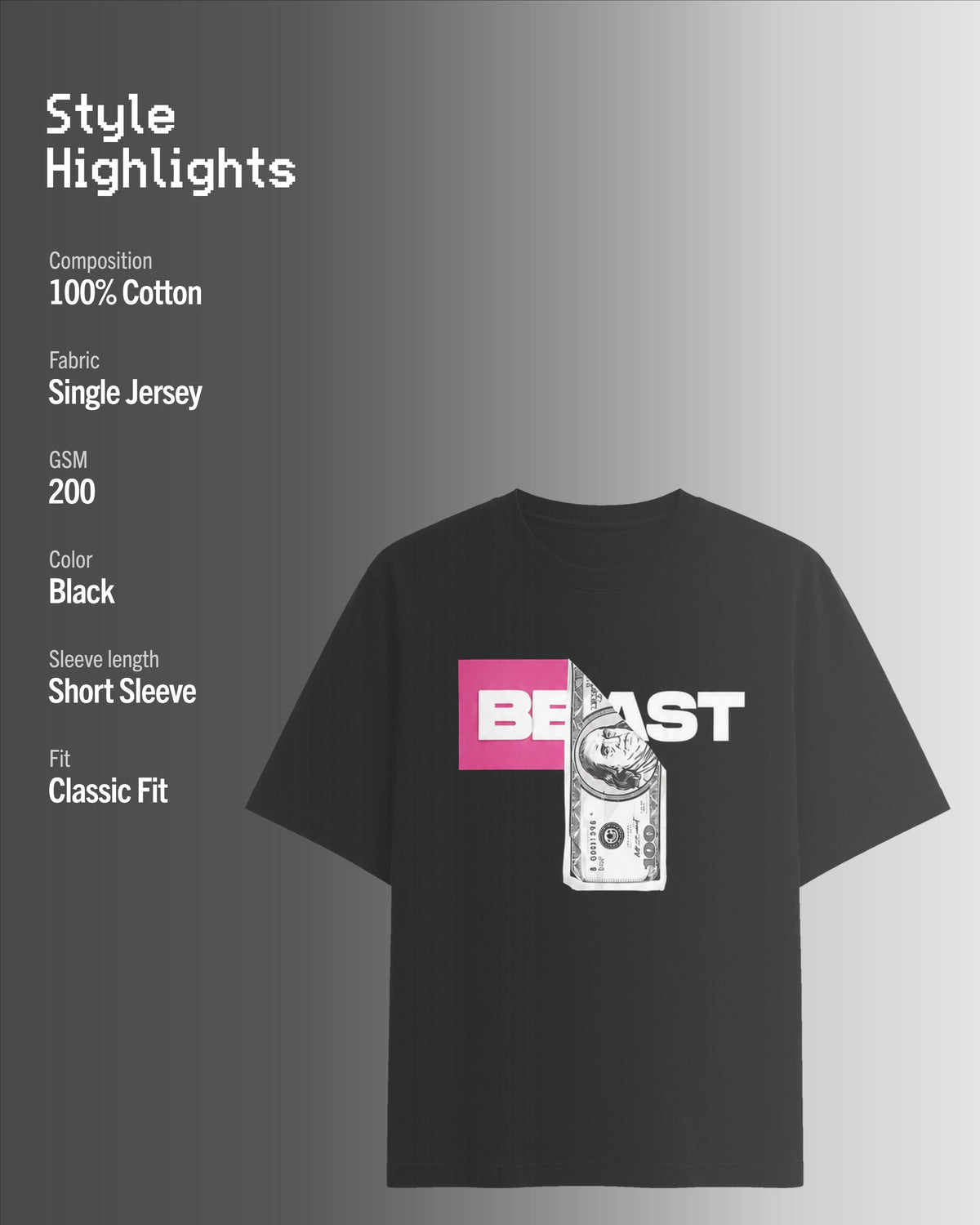 Official MrBeast Money T-shirt in black, style highlights, 100% cotton Single Jersey, 200 GSM, classic fit