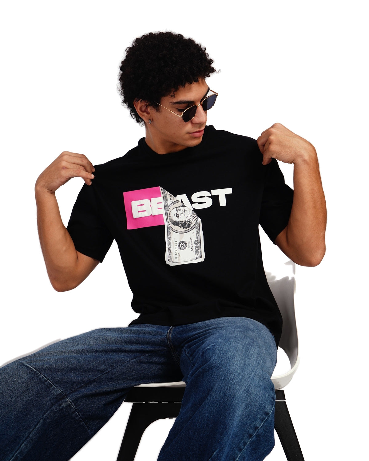 Official MrBeast Money T-shirt in black, styled pose