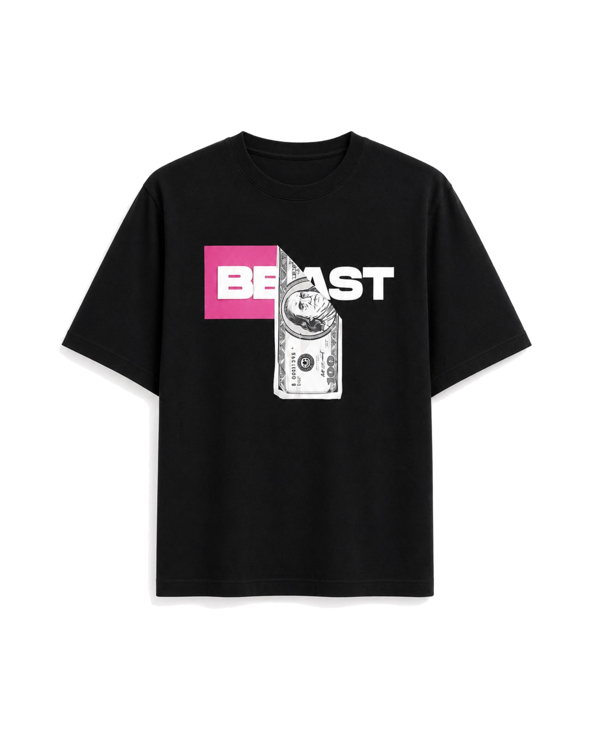 Official MrBeast Money T-shirt in black, flat lay, front
