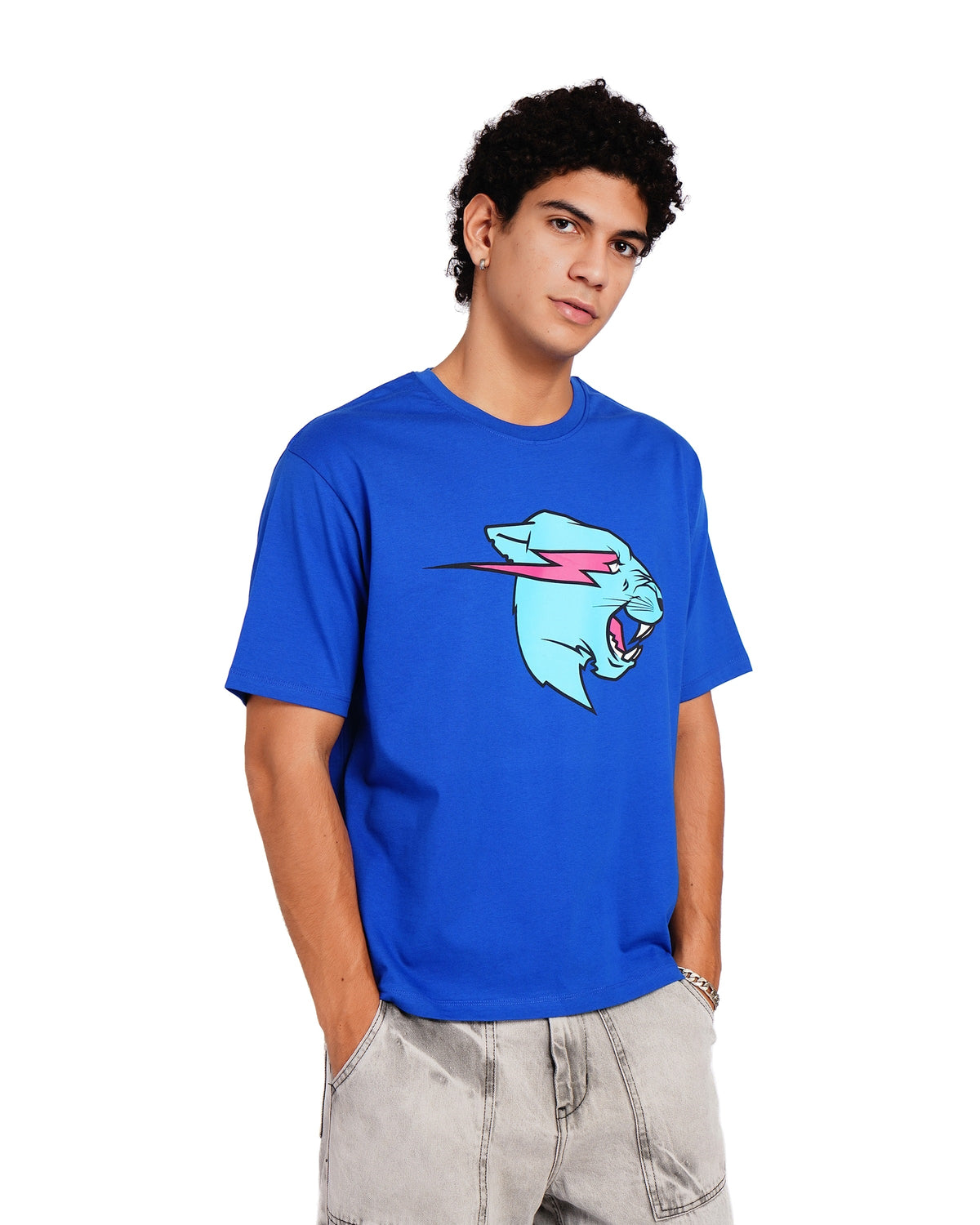 Official MrBeast Neon Panther T-shirt in blue, front view