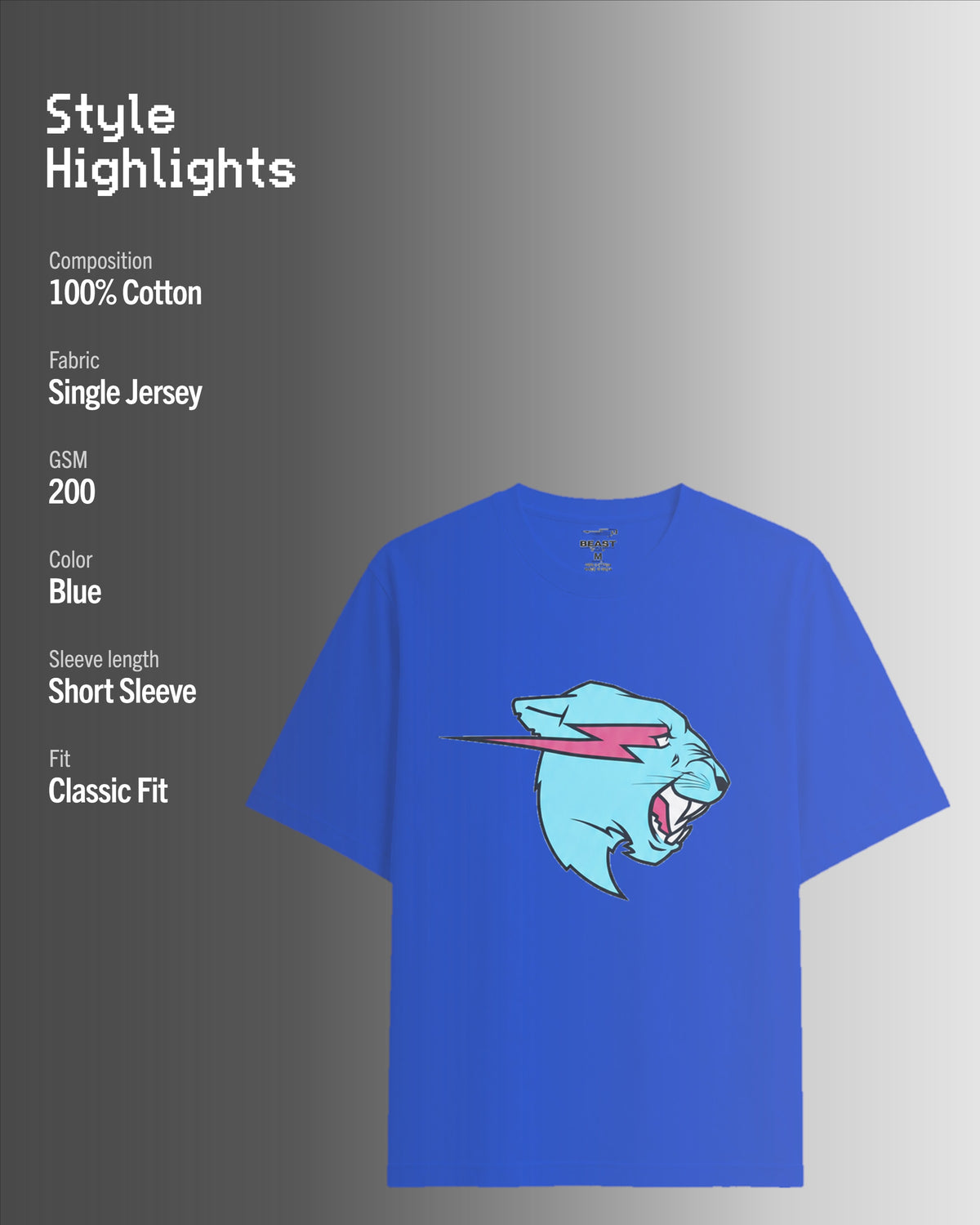 Official MrBeast Neon Panther T-shirt in blue, style highlights, 100% cotton Single Jersey, 200 GSM, classic fit