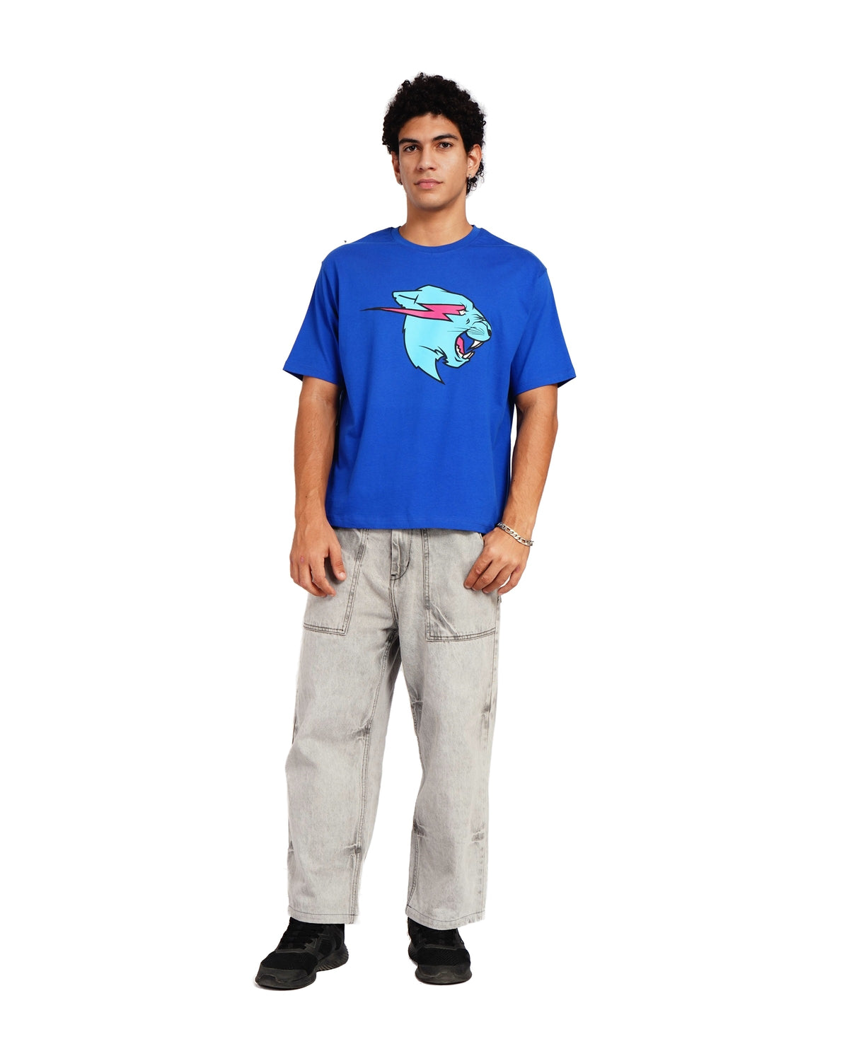 Official MrBeast Neon Panther T-shirt in blue, full-length view