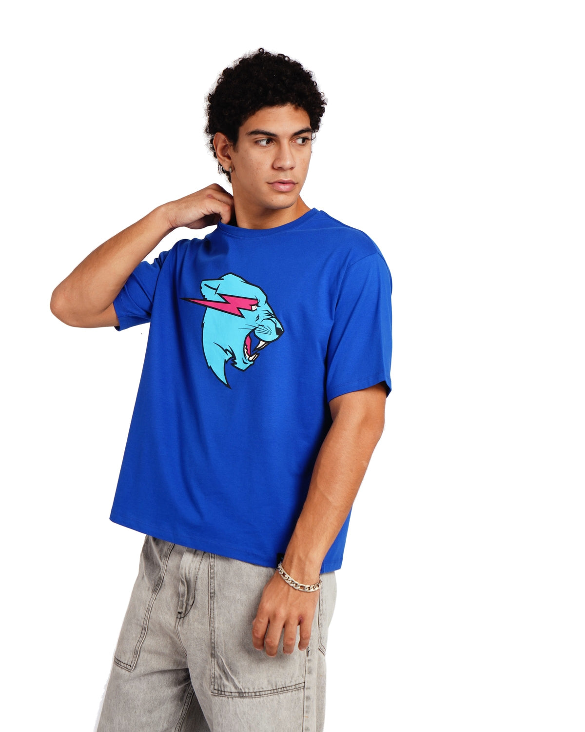 Official MrBeast Neon Panther T-shirt in blue, side view