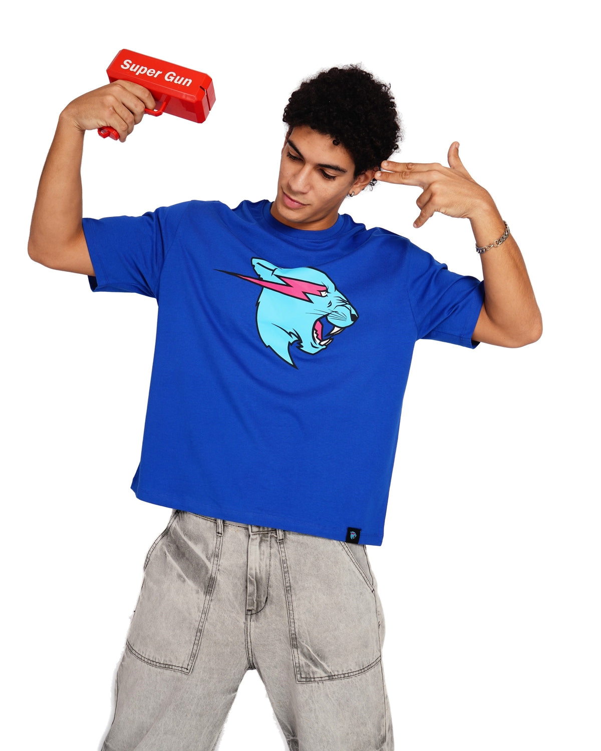 Official MrBeast Neon Panther T-shirt in blue, styled pose