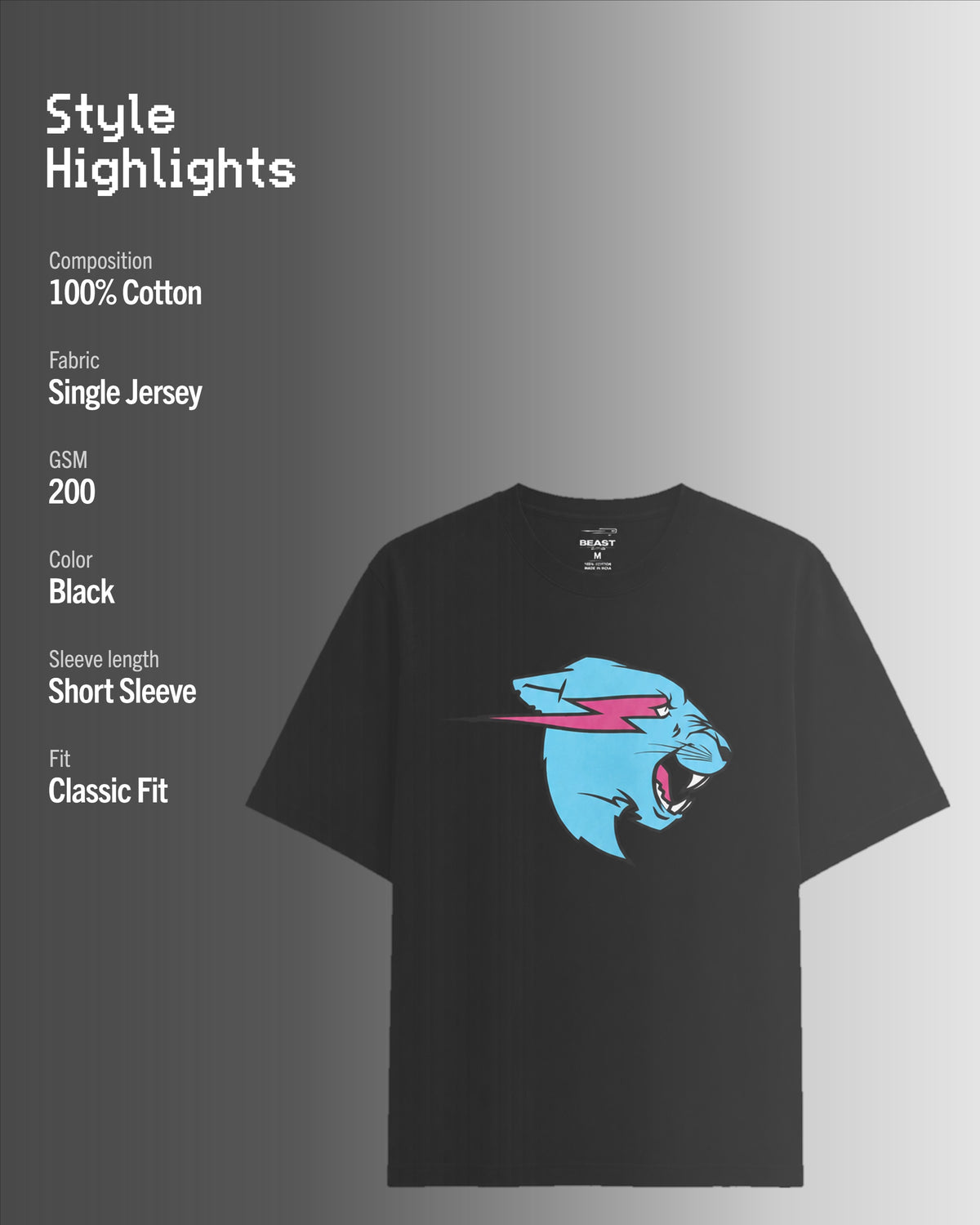 Official MrBeast Neon Panther T-shirt in black, style highlights, 100% cotton Single Jersey, 200 GSM, classic fit