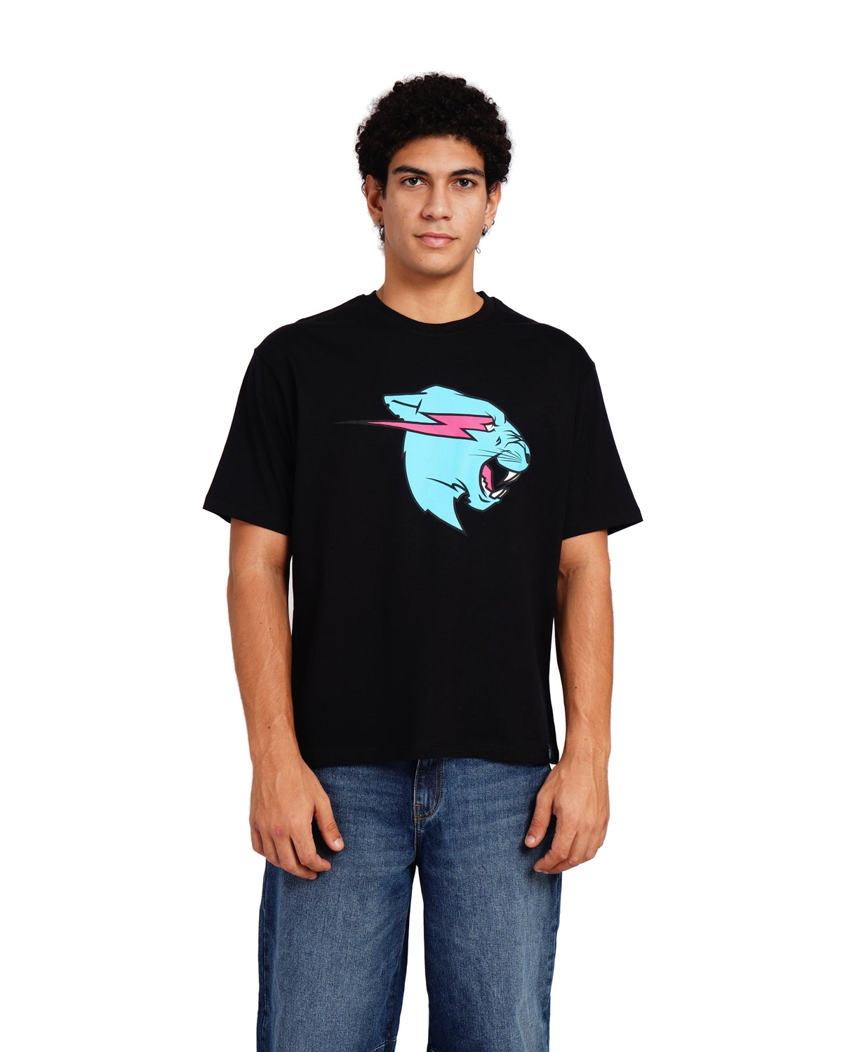 Official MrBeast Neon Panther T-shirt in black, front view