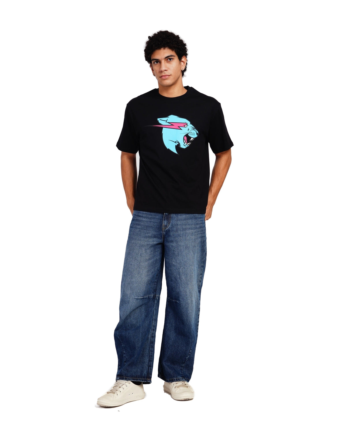 Official MrBeast Neon Panther T-shirt in black, full-length view