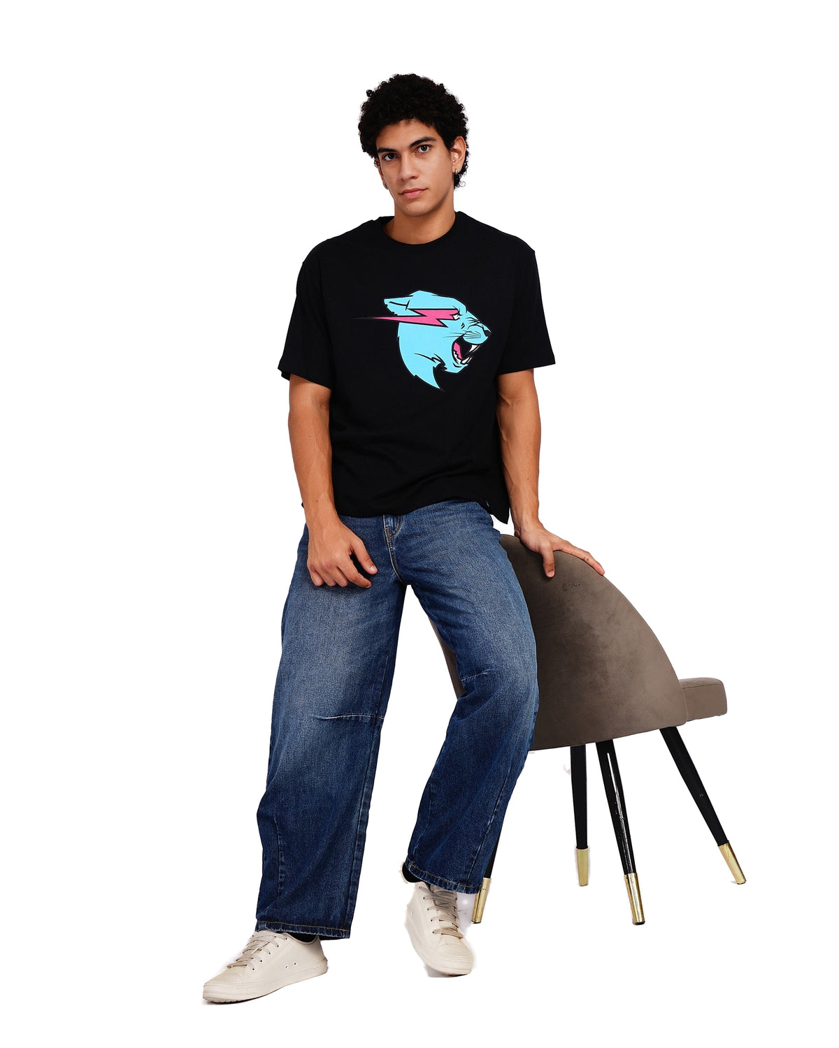 Official MrBeast Neon Panther T-shirt in black, full-length view 2