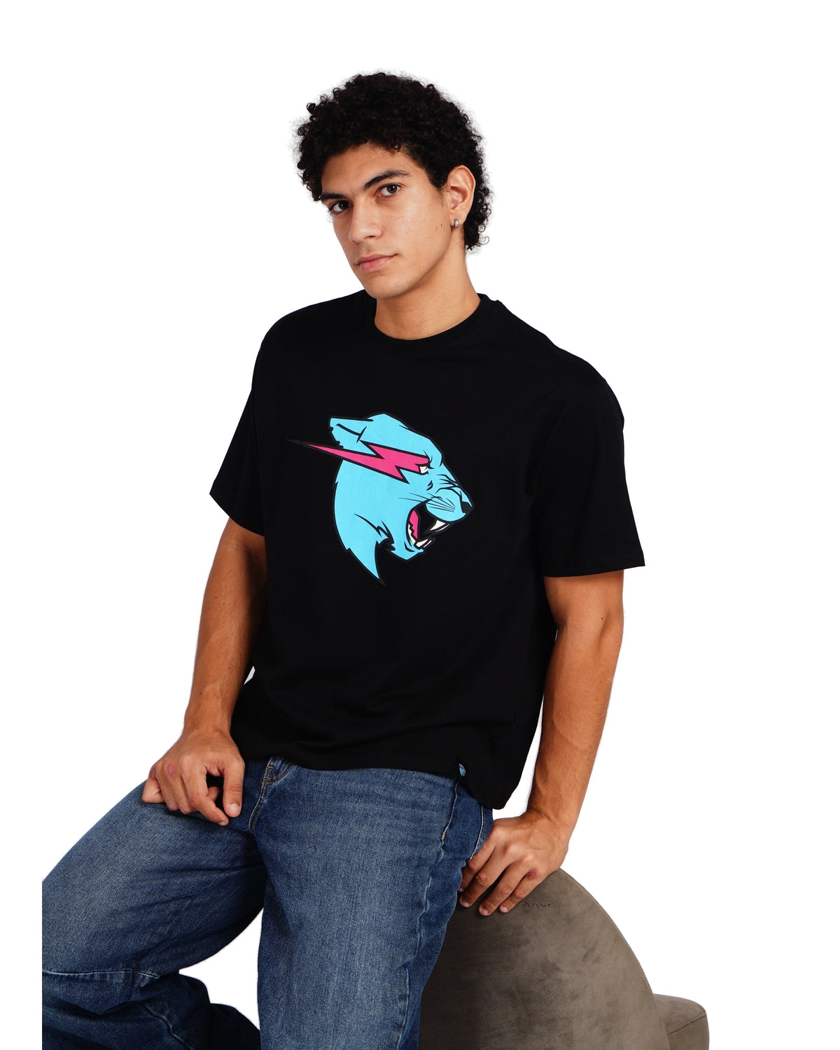 Official MrBeast Neon Panther T-shirt in black, styled pose