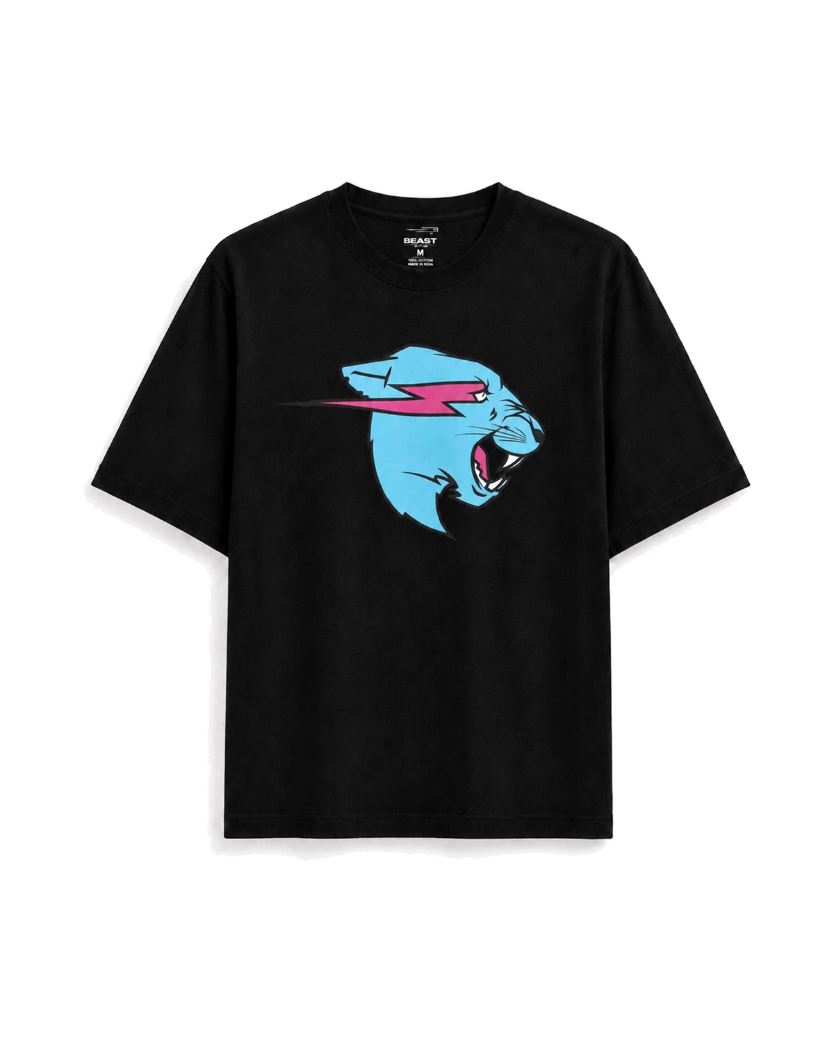 Official MrBeast Neon Panther T-shirt in black, flat lay, front