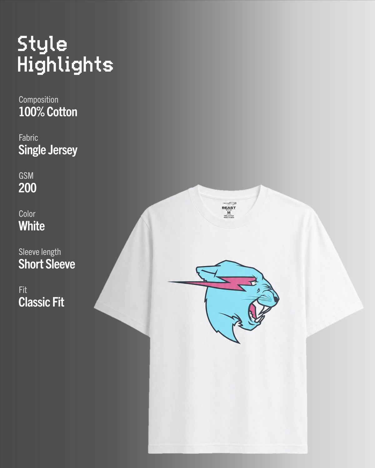 Official MrBeast Neon Panther T-shirt in white, style highlights, 100% cotton Single Jersey, 200 GSM, classic fit