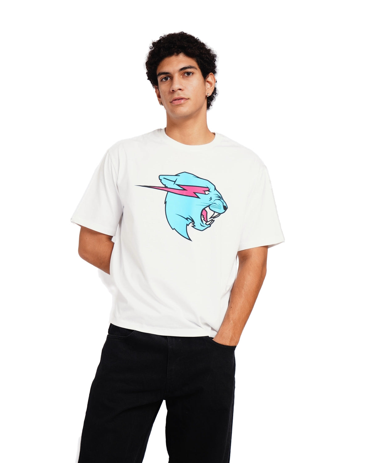 Official MrBeast Neon Panther T-shirt in white, front view