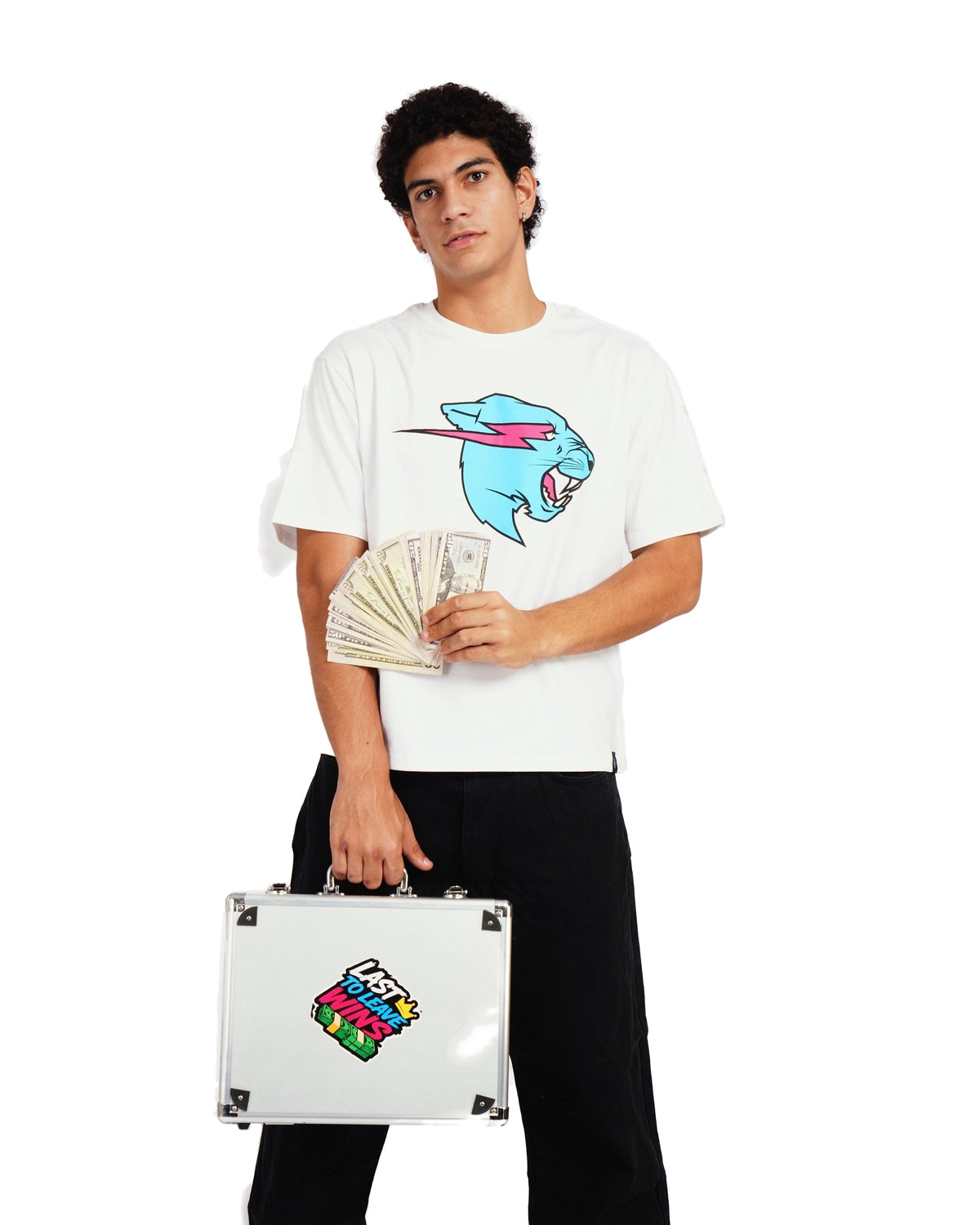 Official MrBeast Neon Panther T-shirt in white, full-length view 2