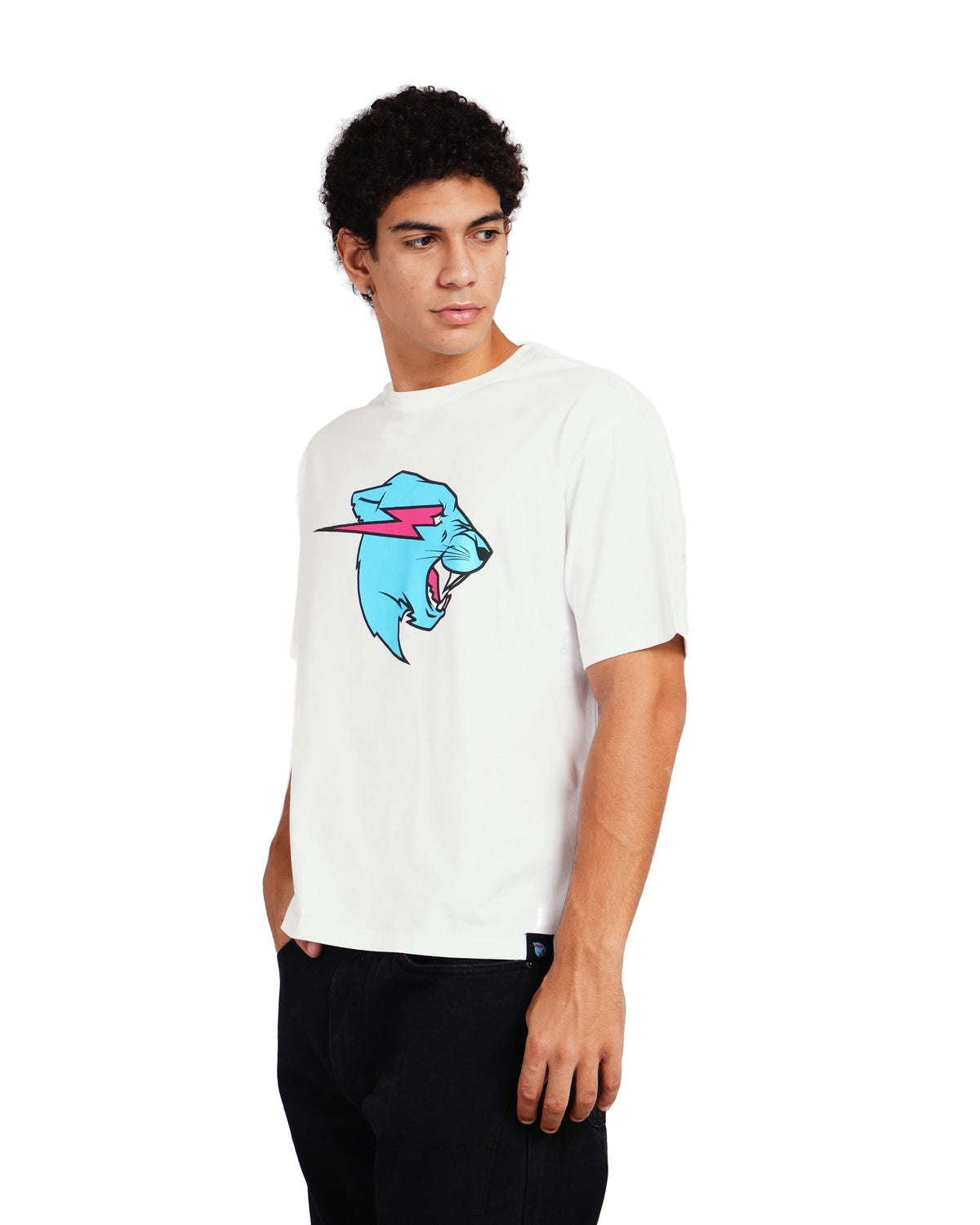 Official MrBeast Neon Panther T-shirt in white, side view