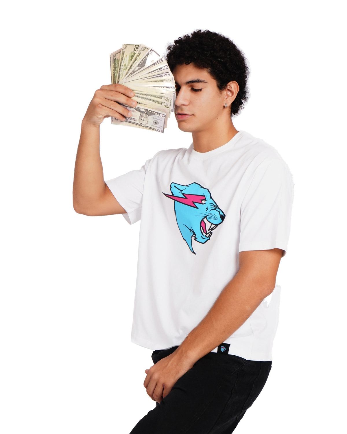 Official MrBeast Neon Panther T-shirt in white, styled pose