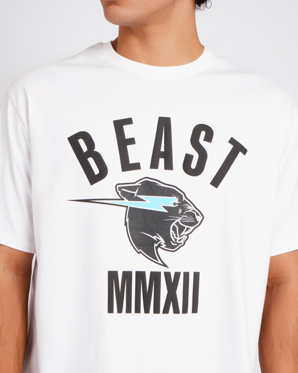 Official MrBeast Panther Classic T-shirt in white, close-up of the Beast Panther head and arched BEAST graphic