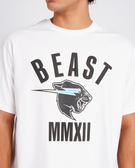 Official MrBeast Panther Classic T-shirt in white, close-up of the Beast Panther head and arched BEAST graphic