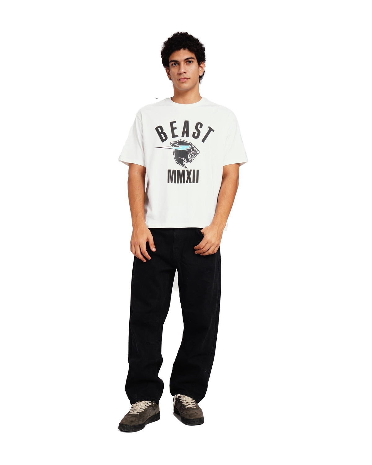 Official MrBeast Panther Classic T-shirt in white, full-length view