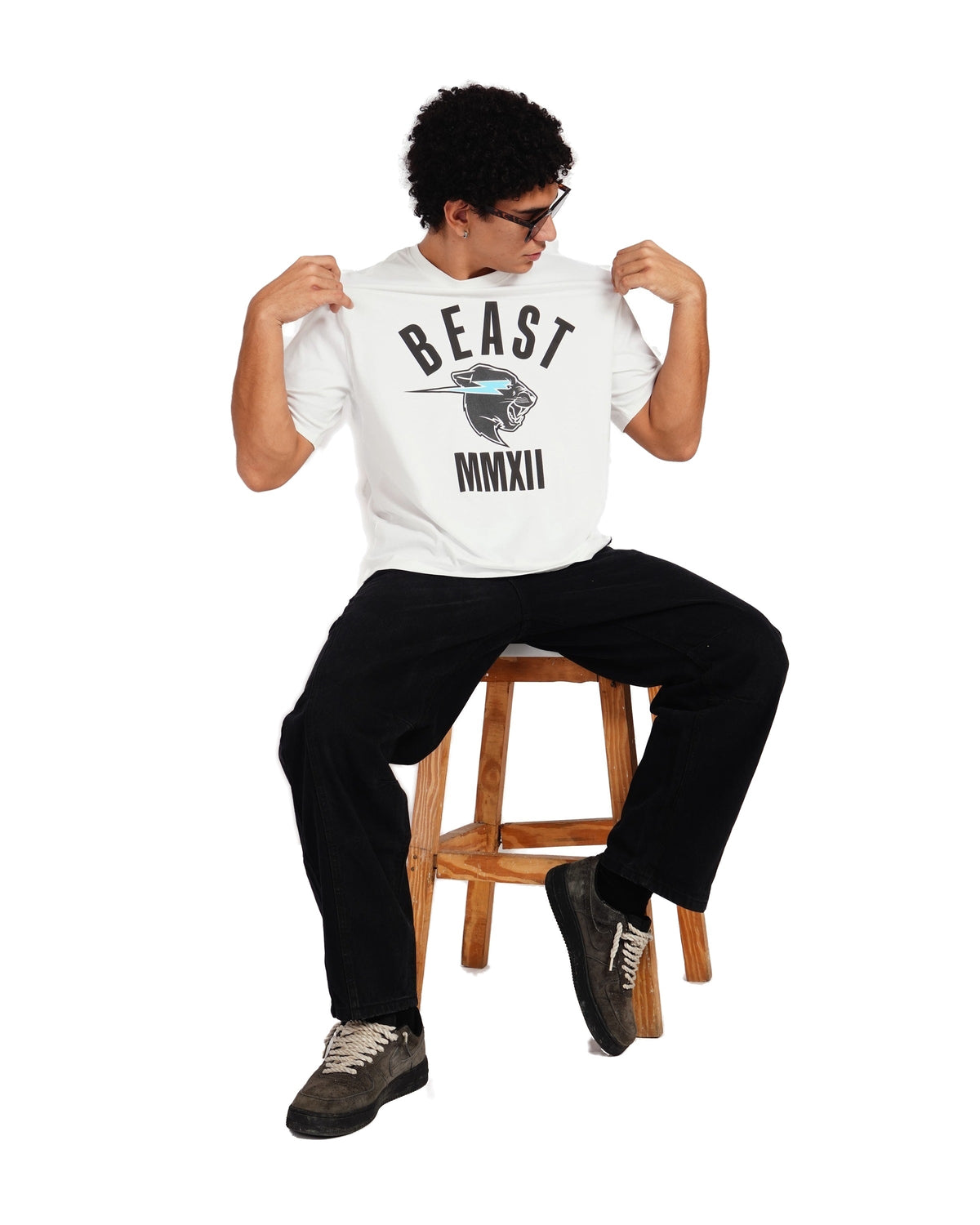 Official MrBeast Panther Classic T-shirt in white, full-length view 2