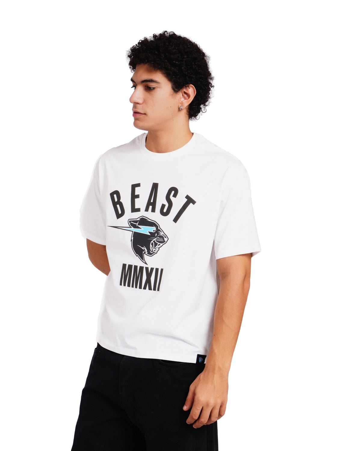 Official MrBeast Panther Classic T-shirt in white, side view