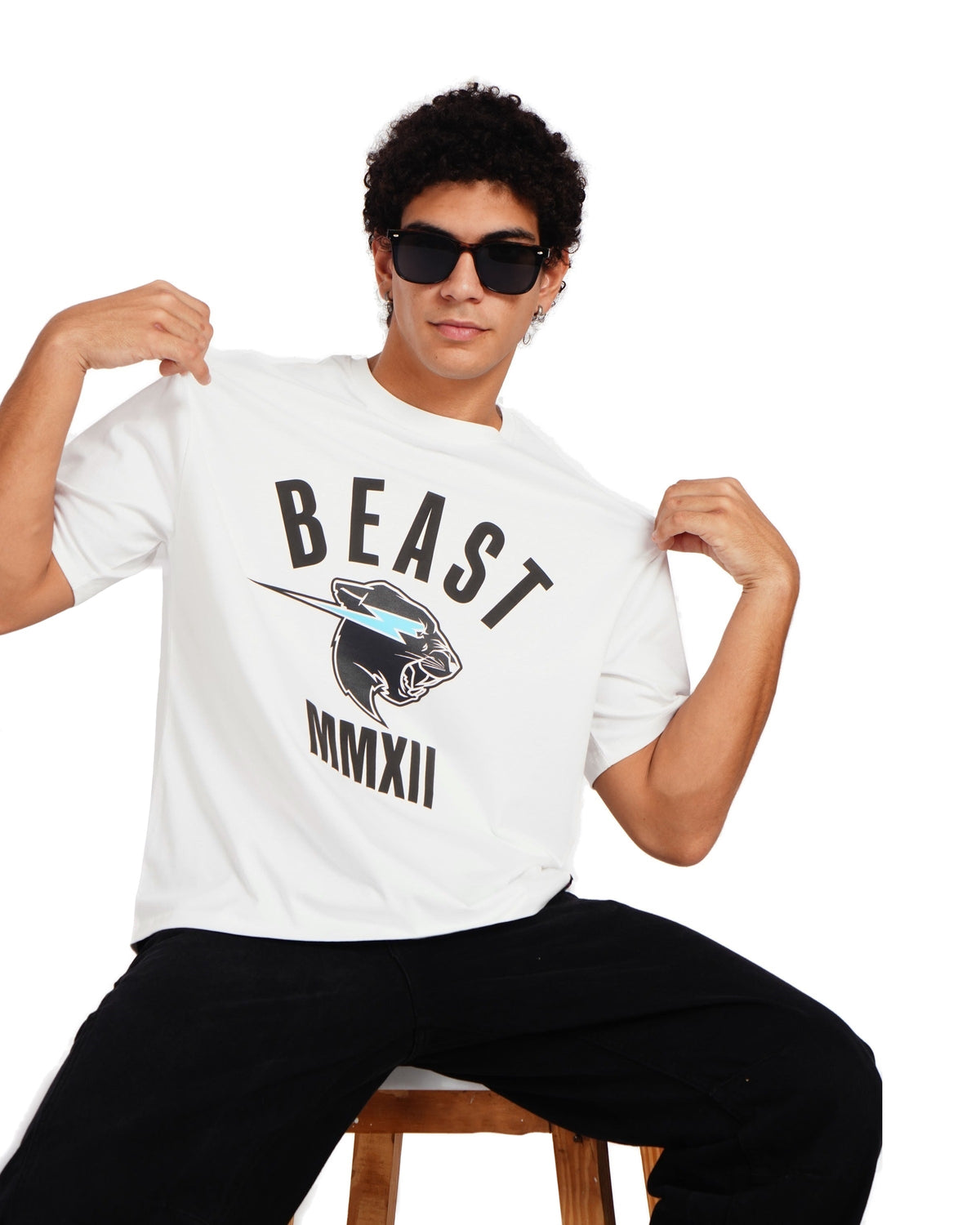 Official MrBeast Panther Classic T-shirt in white, styled pose