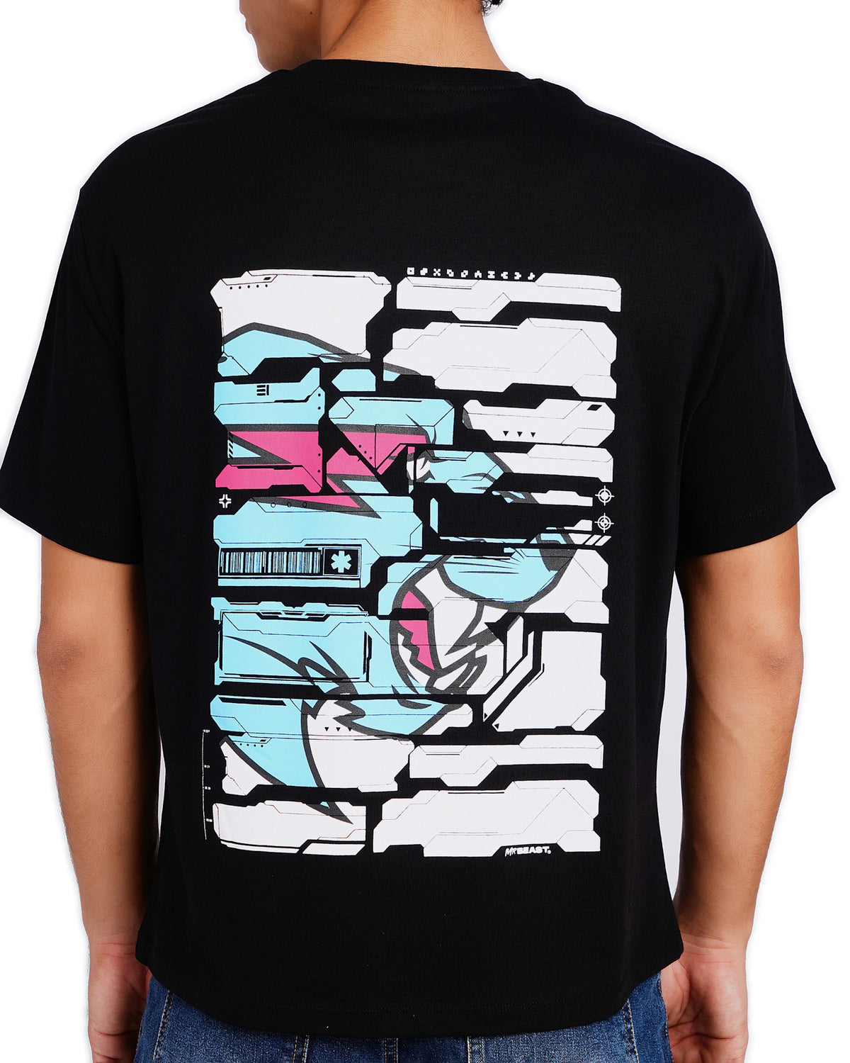 Official MrBeast Particle T-shirt in black, close-up of the mech-style Beast Panther graphic