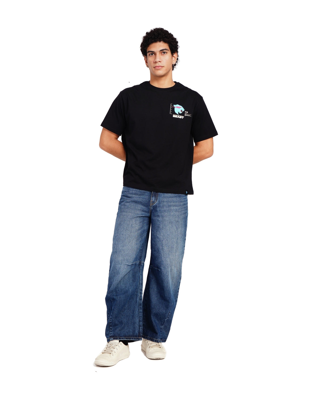 Official MrBeast Particle T-shirt in black, full-length view