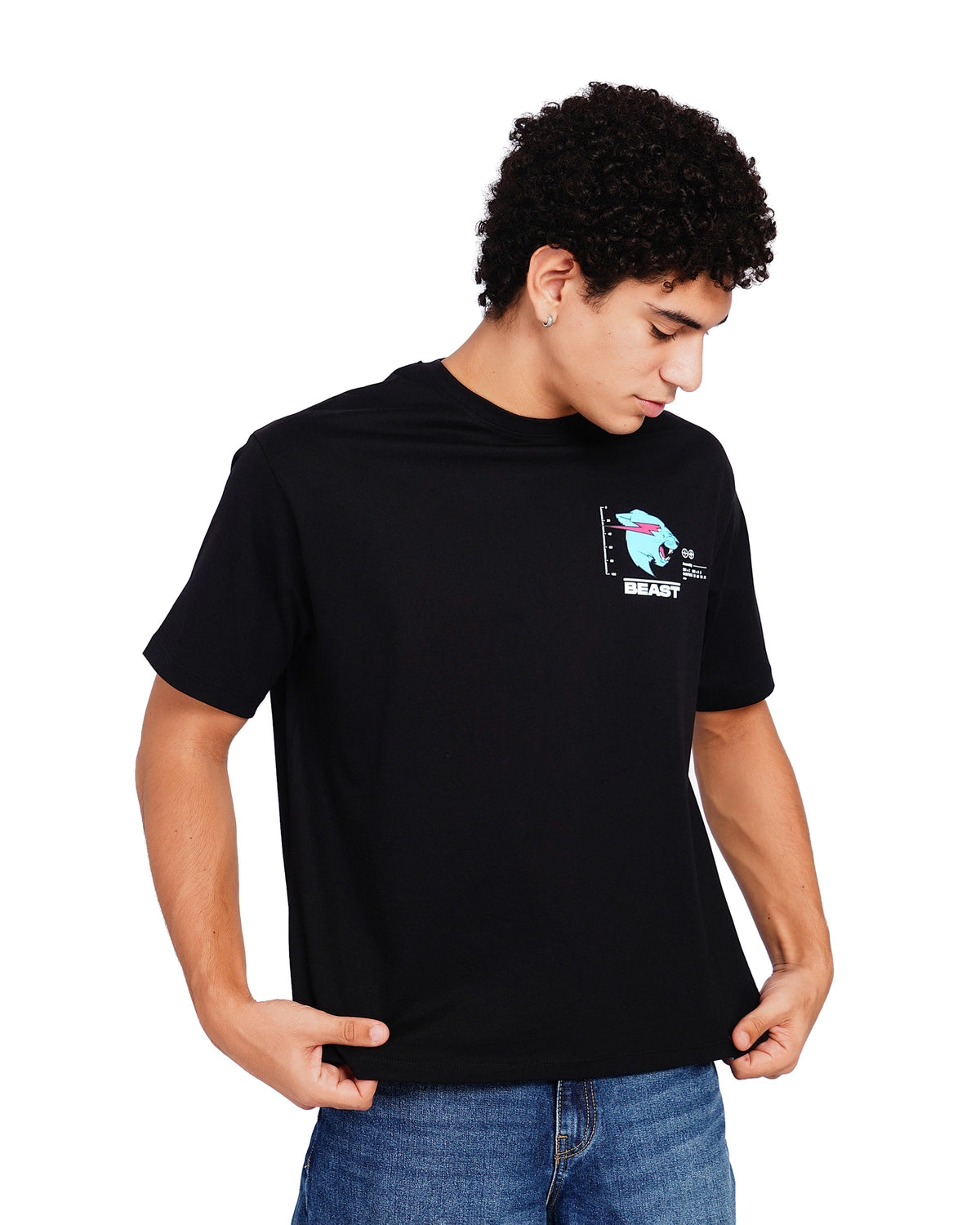 Official MrBeast Particle T-shirt in black, styled pose