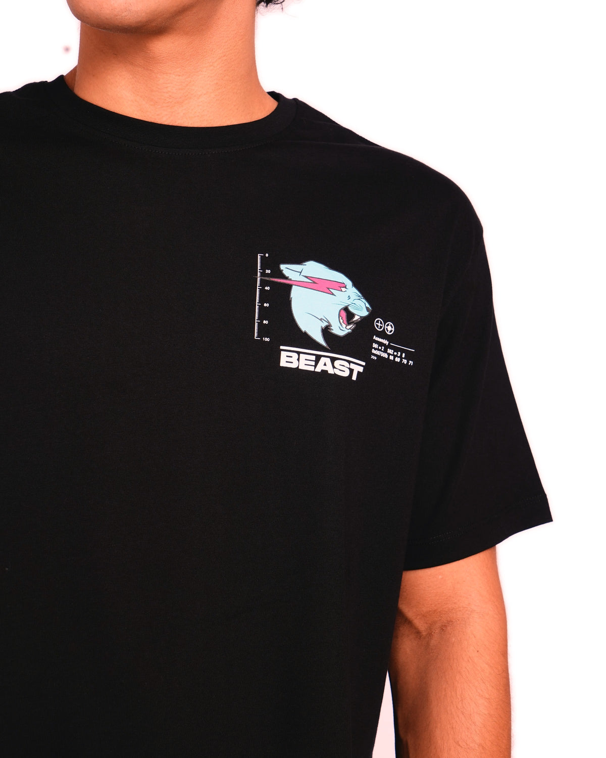 Official MrBeast Particle T-shirt in black, close-up of the print