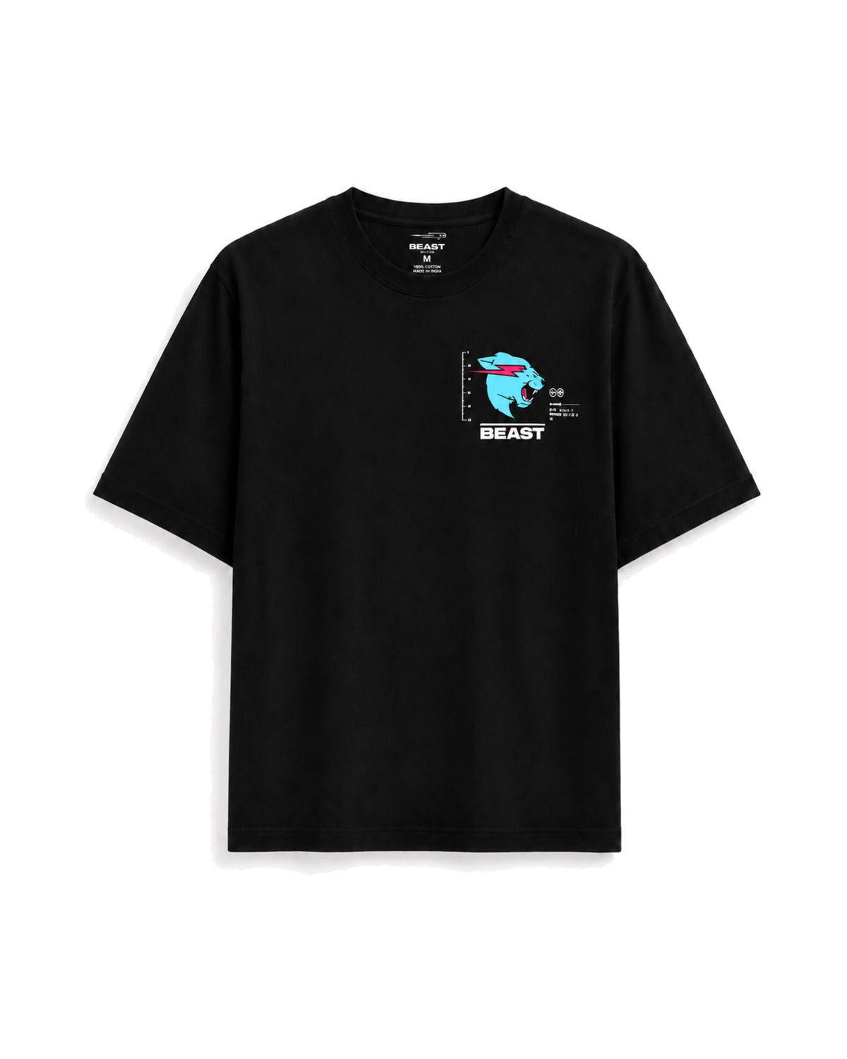 Official MrBeast Particle T-shirt in black, flat lay, front