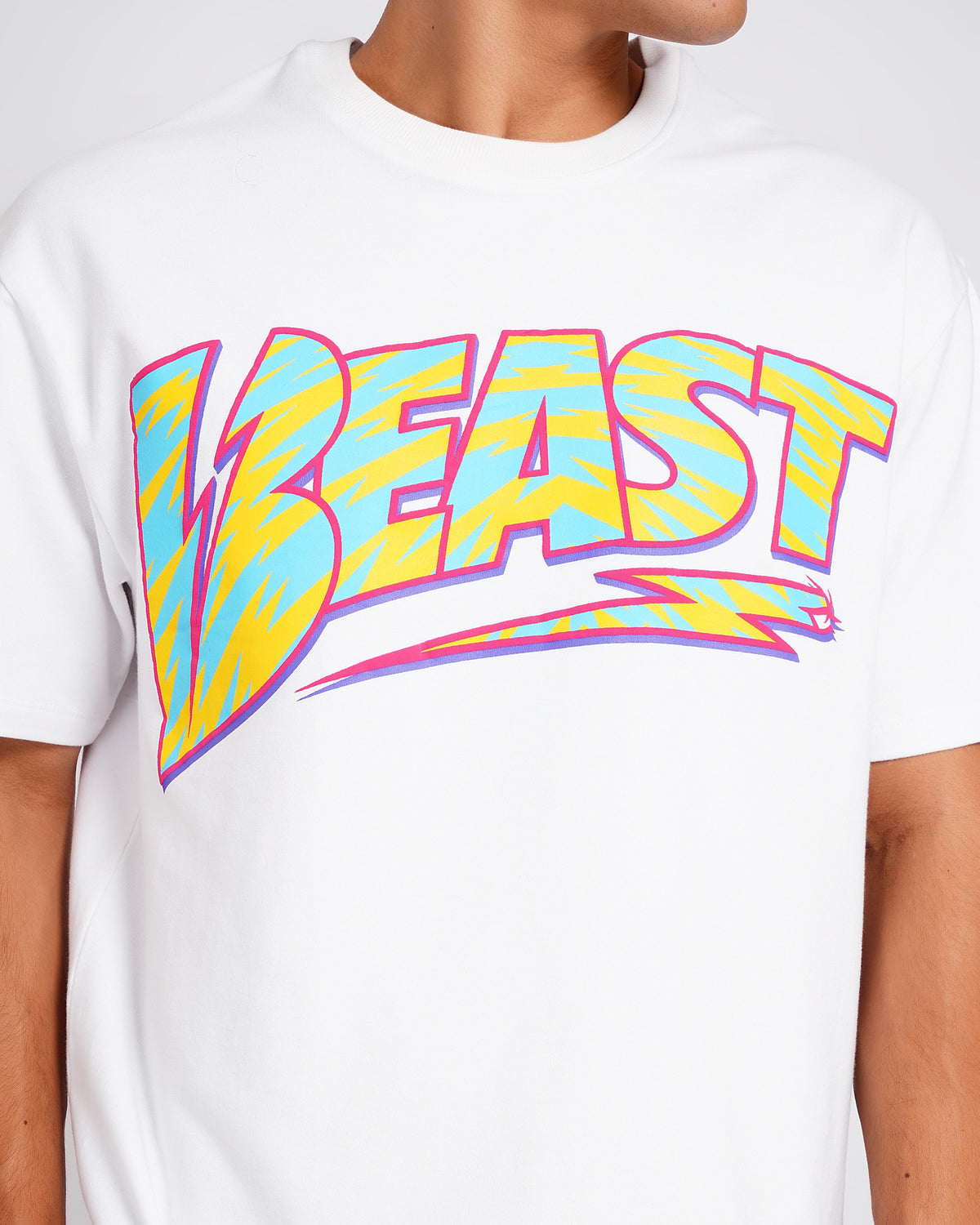 Official MrBeast Retro Beast T-shirt in white, close-up of the puff-print BEAST lightning bolt graphic