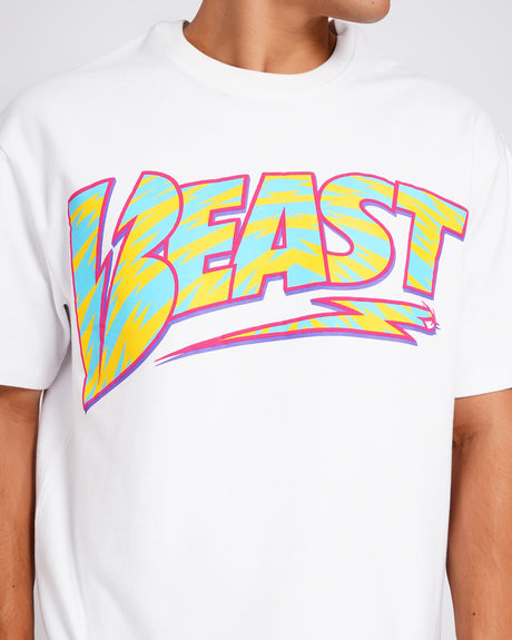 Official MrBeast Retro Beast T-shirt in white, close-up of the puff-print BEAST lightning bolt graphic