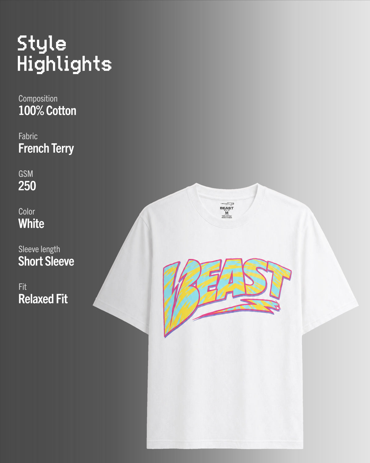Official MrBeast Retro Beast T-shirt in white, style highlights, 100% cotton French Terry, 250 GSM, relaxed fit