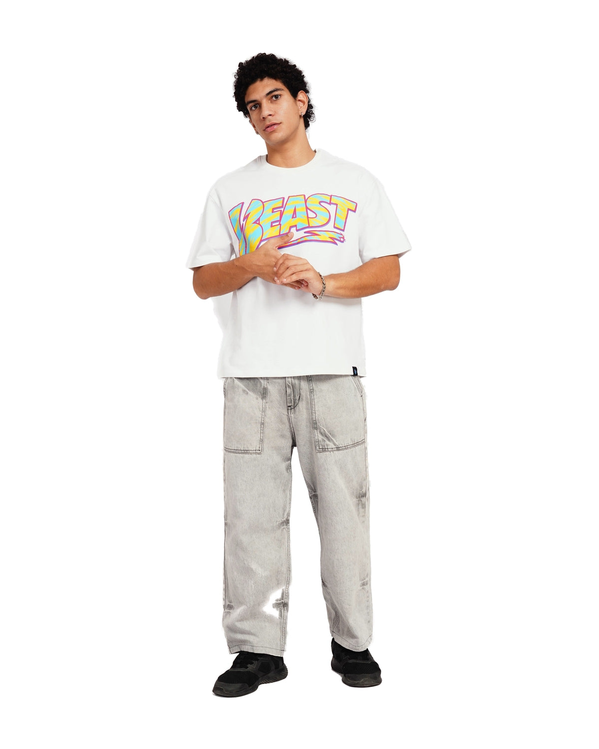 Official MrBeast Retro Beast T-shirt in white, full-length view