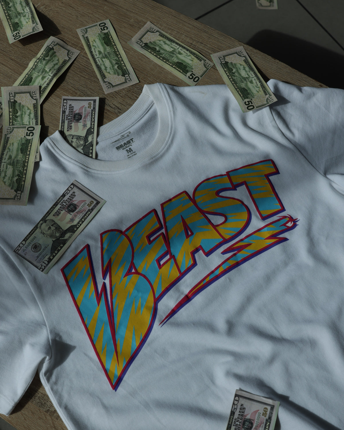 Official MrBeast Retro Beast T-shirt in white, lifestyle shot