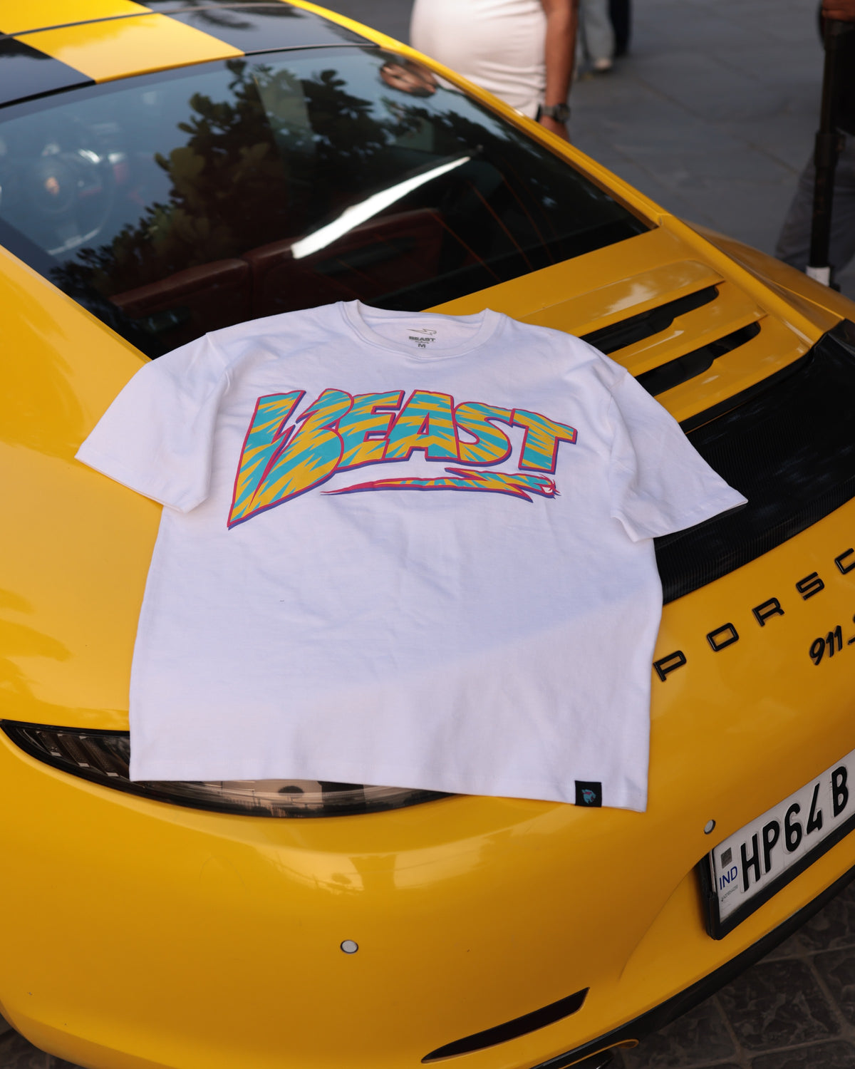 Official MrBeast Retro Beast T-shirt in white, lifestyle shot 2
