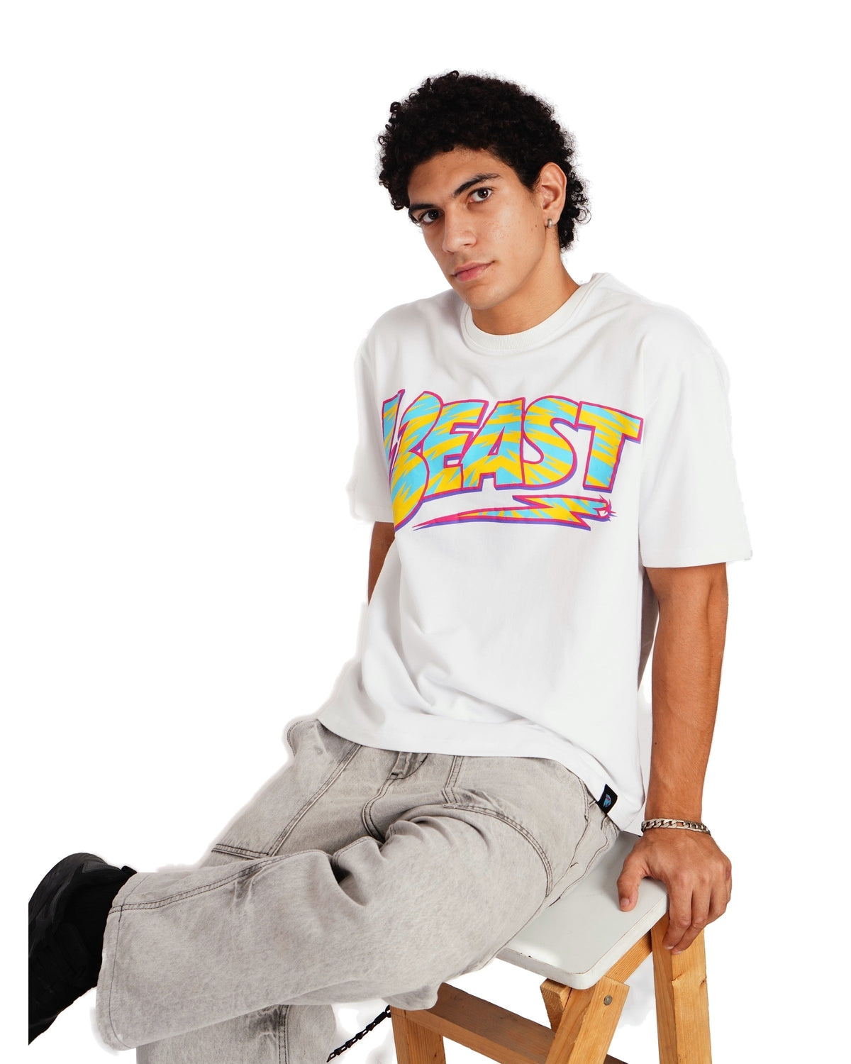 Official MrBeast Retro Beast T-shirt in white, styled pose