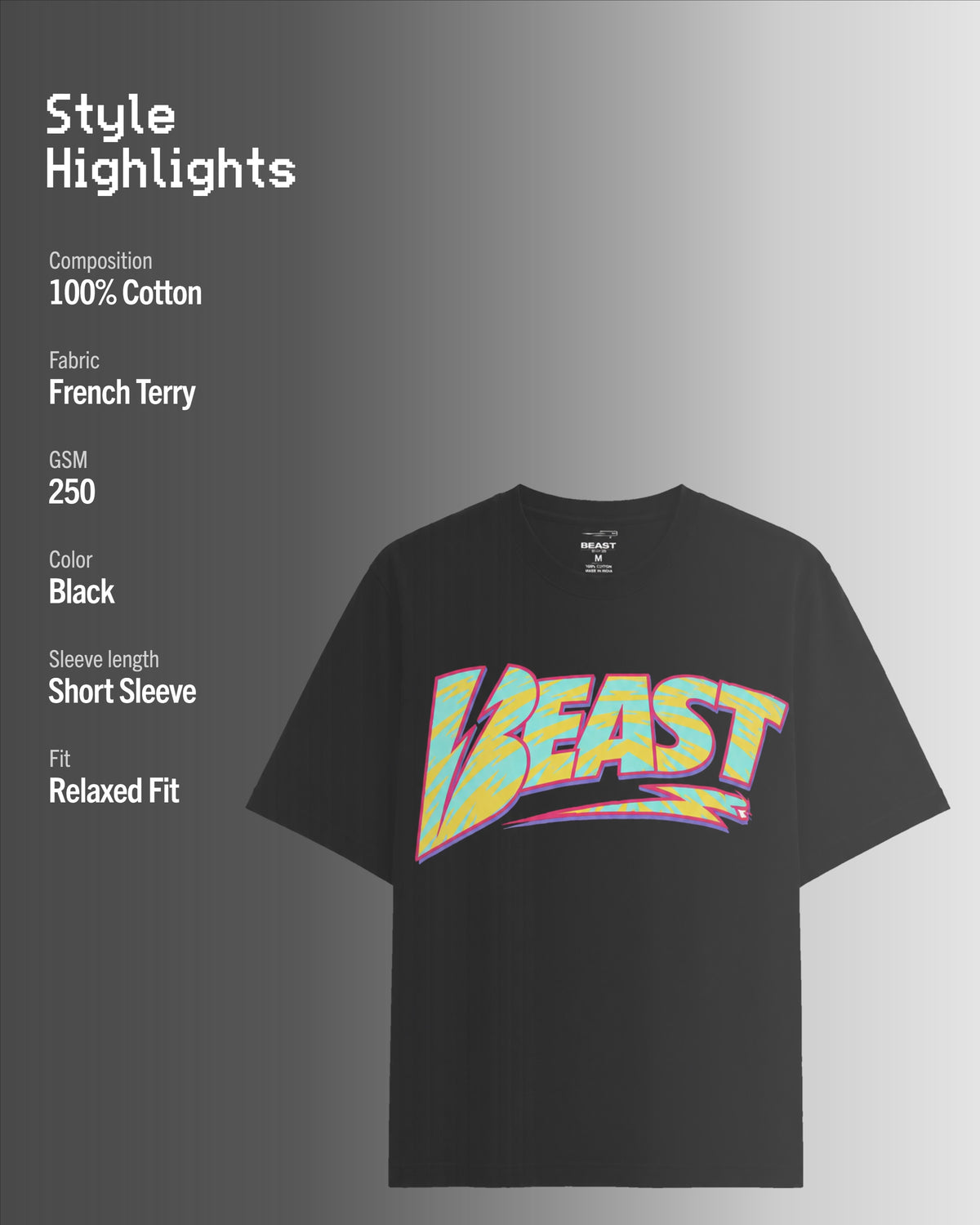 Official MrBeast Retro Beast T-shirt in black, style highlights, 100% cotton French Terry, 250 GSM, relaxed fit