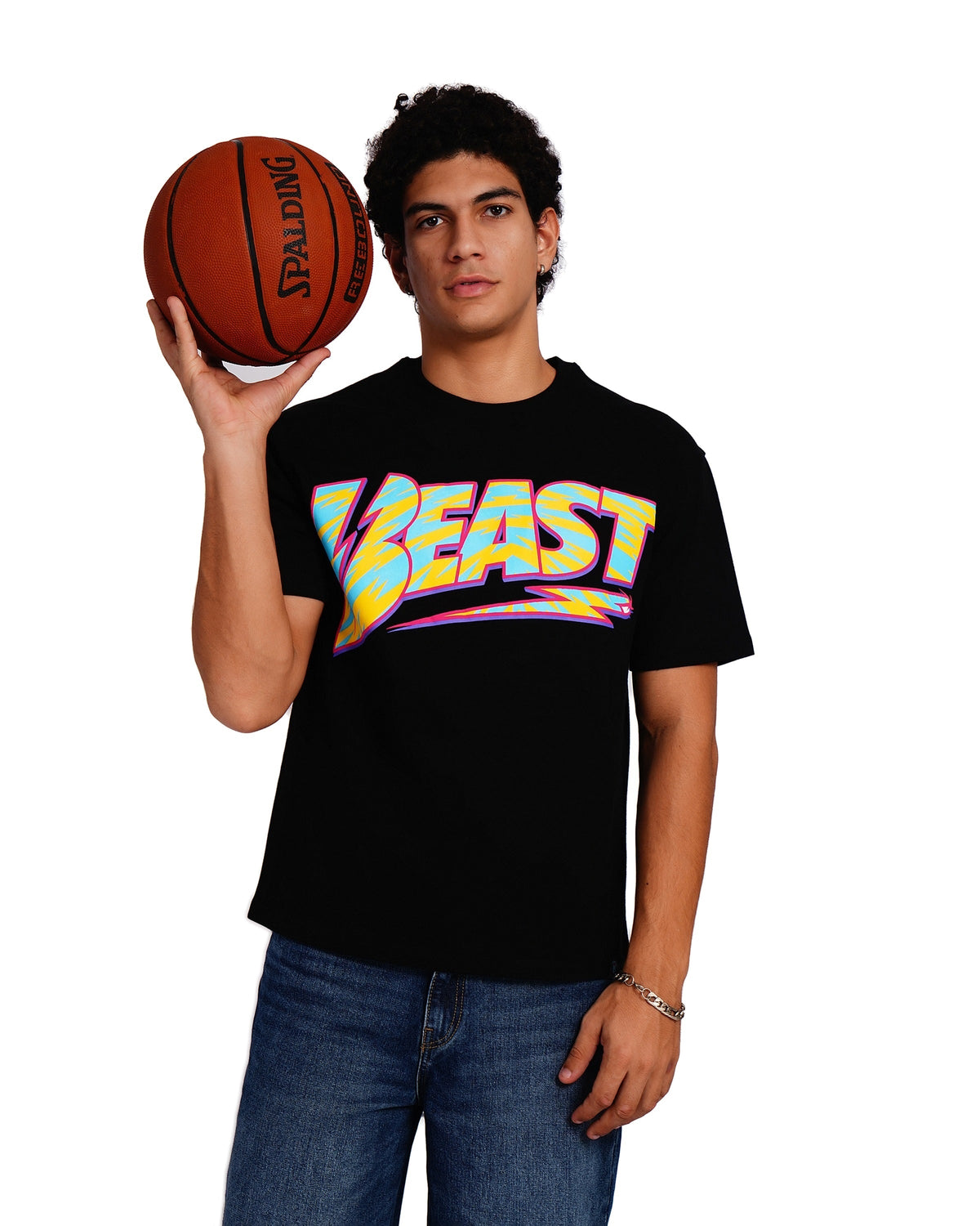 Official MrBeast Retro Beast T-shirt in black, styled pose