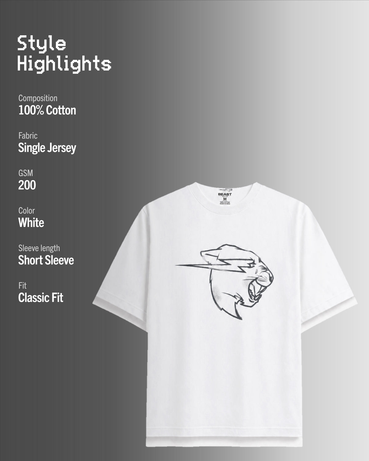 Official MrBeast Sketch Panther T-shirt in white, style highlights, 100% cotton Single Jersey, 200 GSM, classic fit