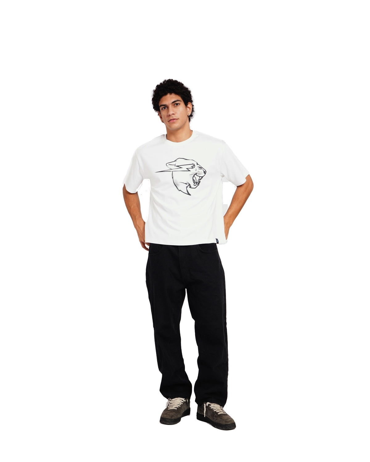 Official MrBeast Sketch Panther T-shirt in white, full-length view