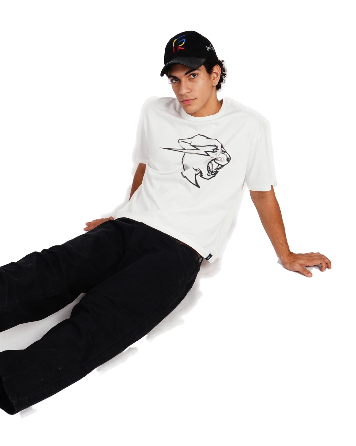 Official MrBeast Sketch Panther T-shirt in white, styled pose