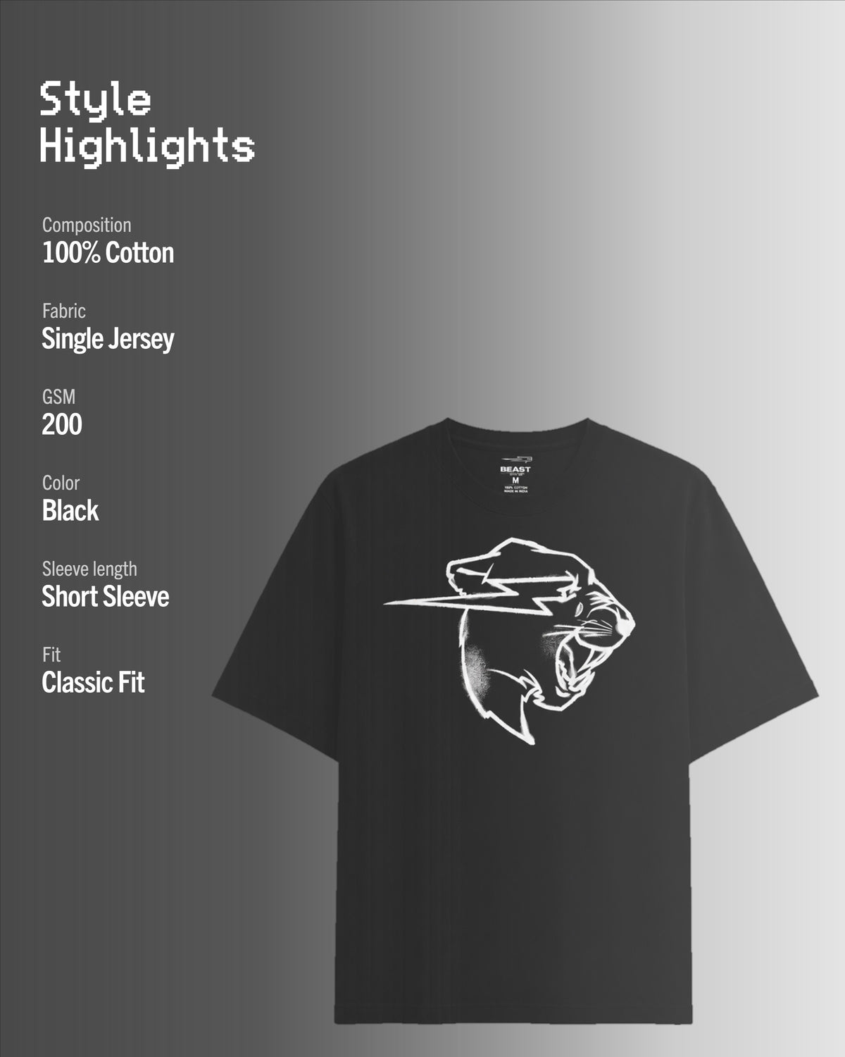 Official MrBeast Sketch Panther T-shirt in black, style highlights, 100% cotton Single Jersey, 200 GSM, classic fit