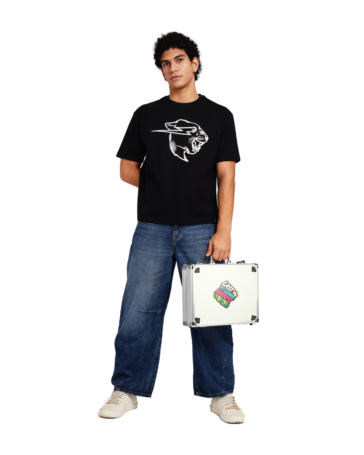 Official MrBeast Sketch Panther T-shirt in black, full-length view