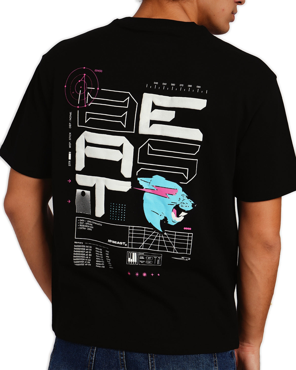 Official MrBeast Tech T-shirt in black, close-up of the stacked BEAST tech graphic