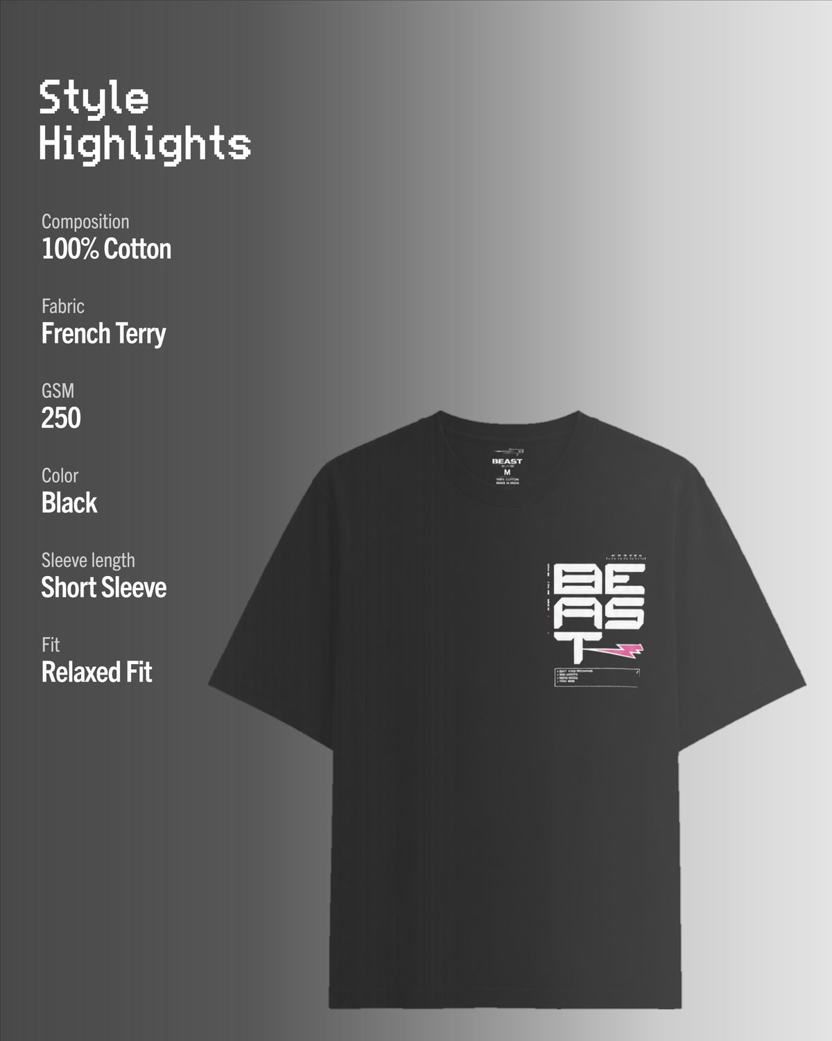 Official MrBeast Tech T-shirt in black, style highlights, 100% cotton French Terry, 250 GSM, relaxed fit
