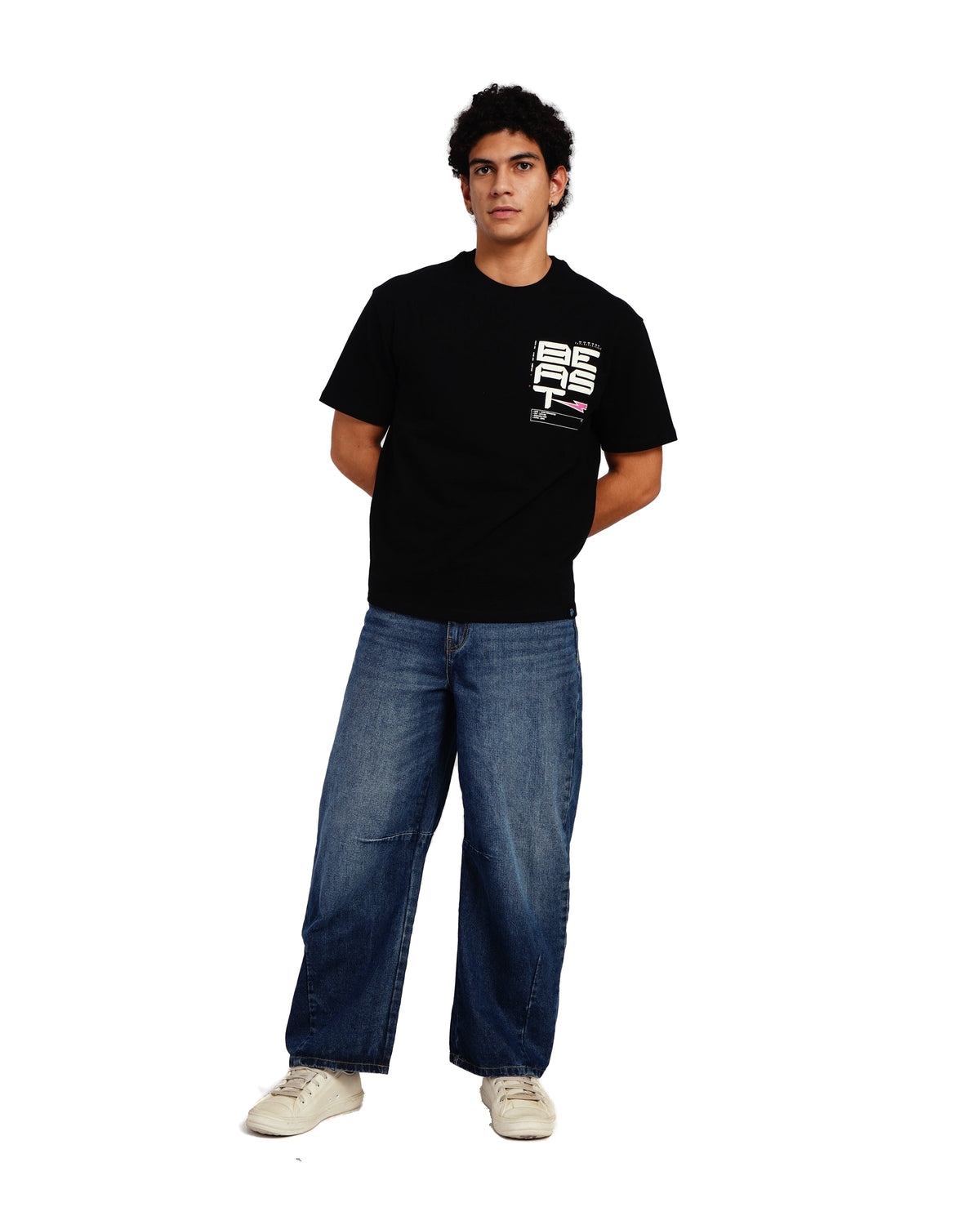 Official MrBeast Tech T-shirt in black, full-length view