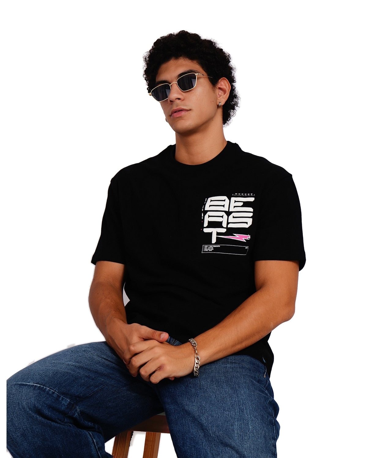 Official MrBeast Tech T-shirt in black, styled pose