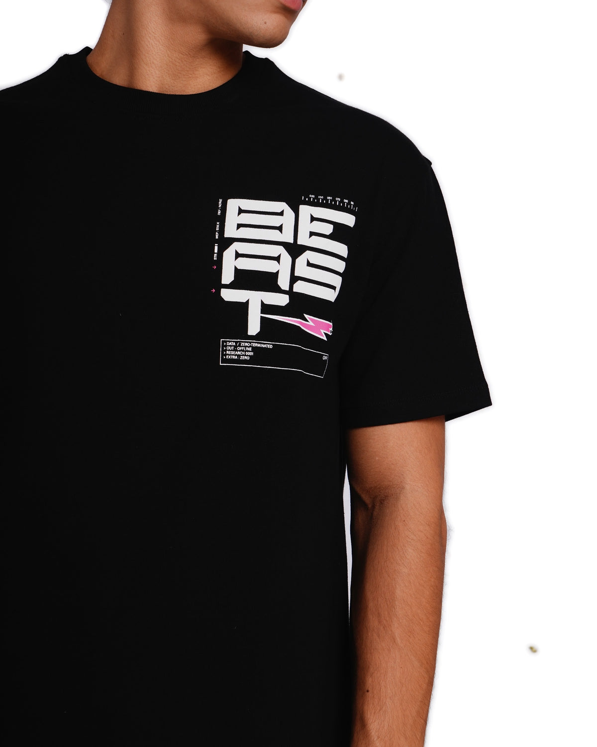 Official MrBeast Tech T-shirt in black, close-up of the print